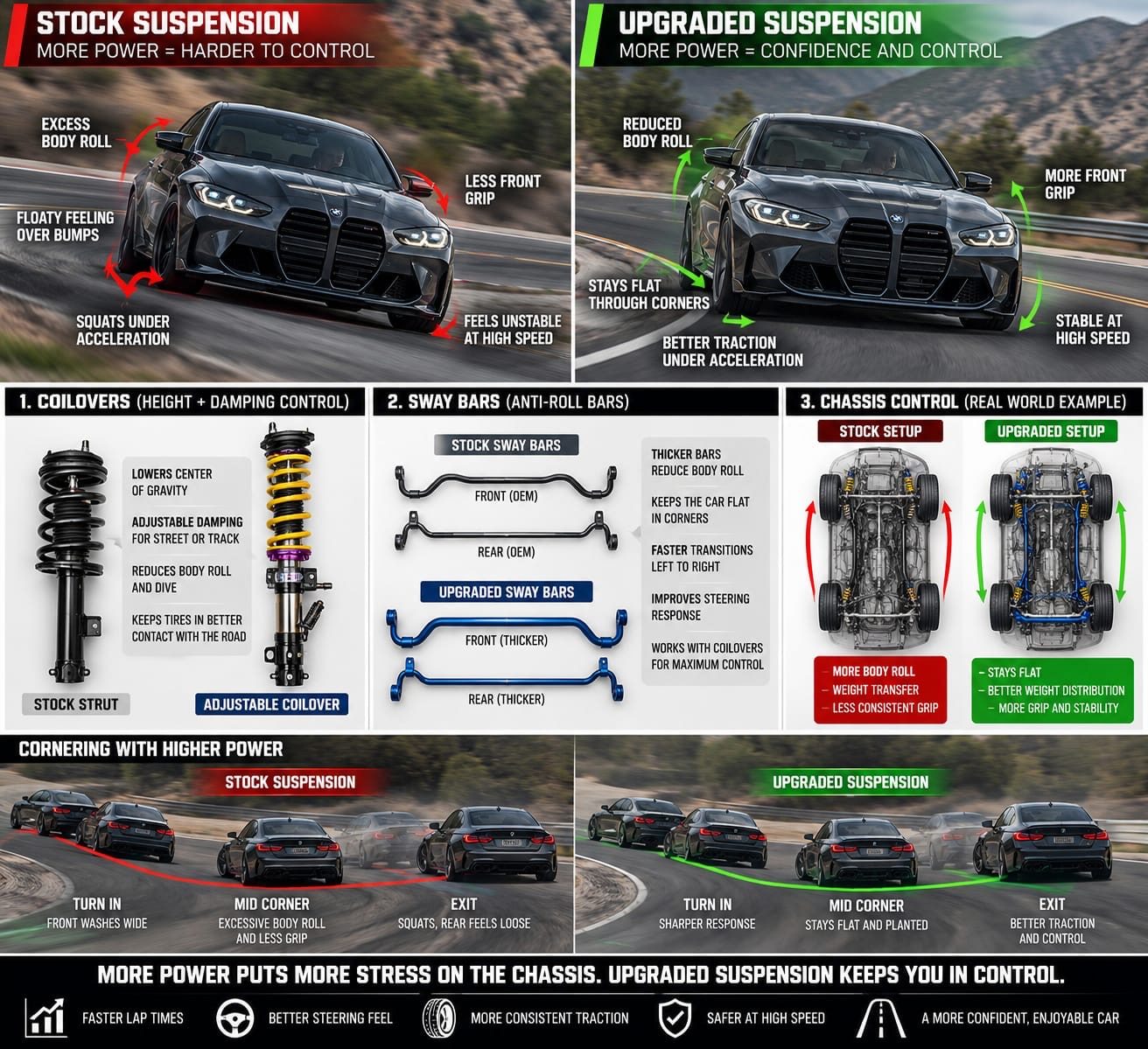 Comparison of stock vs upgraded suspension: coilovers, sway bars, and chassis control for better grip and control